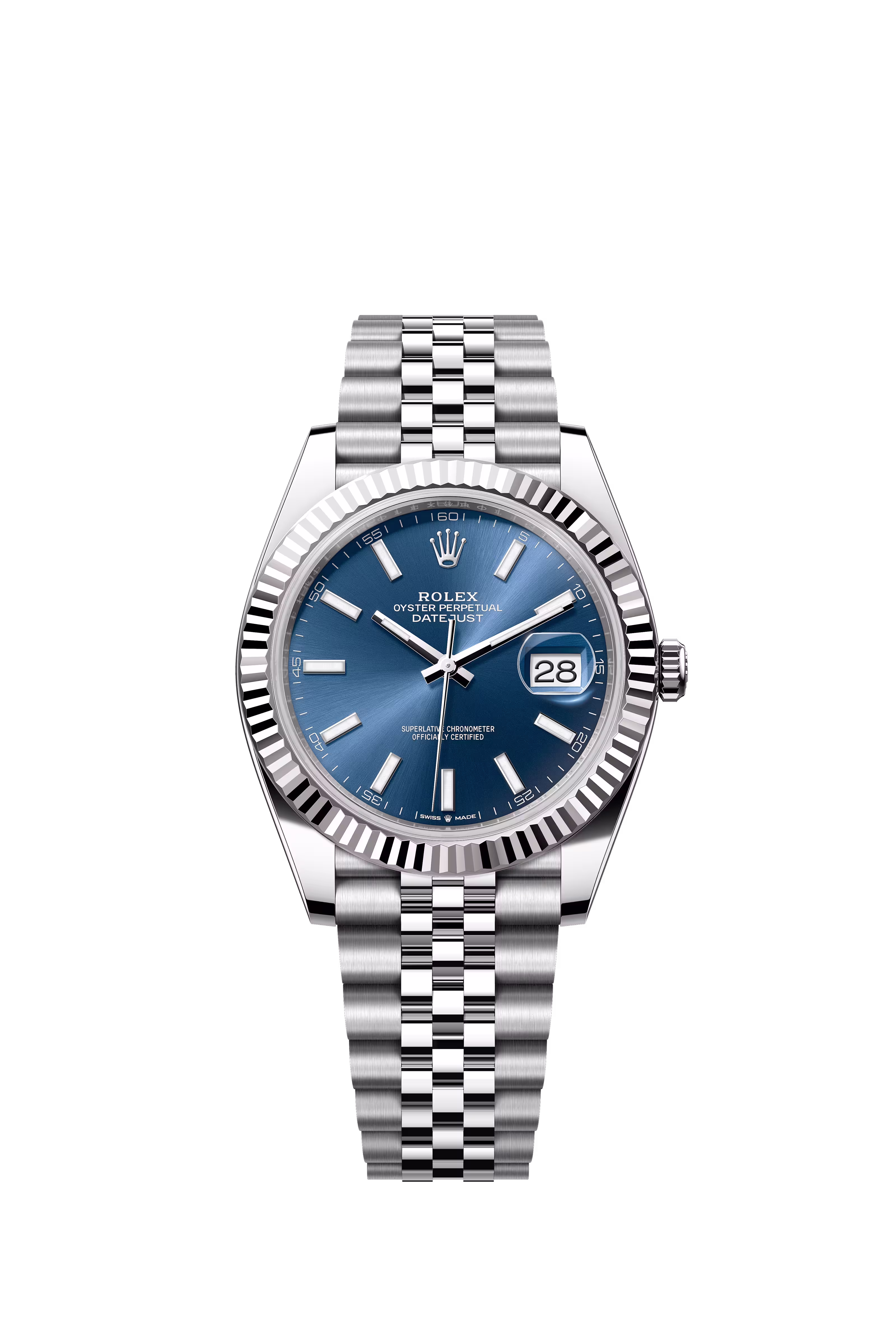 Rolex Datejust 41 reference 126334 with blue dial, fluted white gold bezel, and stainless steel Jubilee bracelet